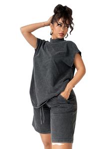 Ensemble 2 pièces décontracté et tendance pour femme, style Wasteland, été : T-shirt à épaules tombantes et short bermuda large 100 % coton écologique - Product Image 2