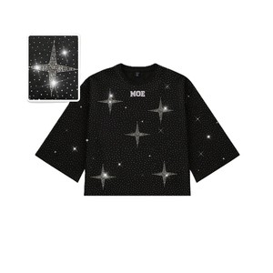 เสื้อยืดคอกลมผู้ชายสีดำลายดาวประดับเพชร Y2K ทรงโอเวอร์ไซส์ ผ้าคอตตอนหนานุ่ม สไตล์สตรีทแวร์ ฮิปฮอป ทรงหลวม ประกายวิบวับ - Product Image 2
