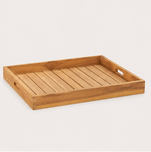 Bandeja de servir hecha a mano de madera de teca maciza, premium, ecológica, rectangular grande, con asas empotradas para el hogar. - Product Image 1