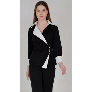 ชุดเซ็ตเสื้อเบลเซอร์ปกปีกนกแบบอสมมาตรสีเดียวตัดกันสไตล์เอ็กเซคคิวทีฟนัวร์ พร้อมกางเกงขาบาน - Product Image 3