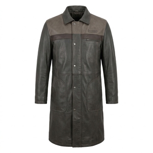 Gabardina Larga de Cuero Genuino Gris Carbón para Hombre con Pecho de Cuero Personalizado, Cuello Camisero y Cierre de Botones a Presión - Venta al por Mayor - Product Image 1