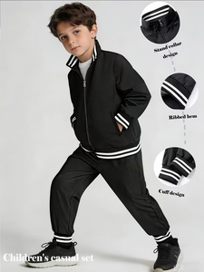 Boys' Casual Sport Two-Piece Set Suitable for Spring & Autumn Featuring a Stand-up Collar Jacket &Cuffed Pants with Contrasting - Product Image 2