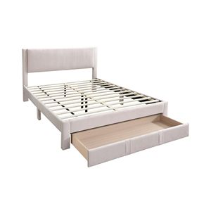 Letto matrimoniale moderno con contenitore, rivestito in velluto a coste rosa chiaro, con struttura a piattaforma e design salvaspazio - Product Image 4