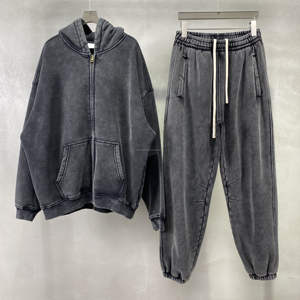 Sweat à capuche et pantalon pour hommes vintage imprimés à la cire lavée d'automne et d'hiver, ensemble de sweat à capuche zippé de marque à la mode - Product Image 2
