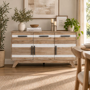 Buffet de salle à manger en bois avec 3 tiroirs, buffet rustique, grain de bois de pin naturel, grand espace de rangement - Product Image 6