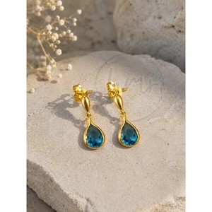 Luxury Gold Plated <b>Blue</b> Hydro Quartz Teardrop Drop <b>Earring</b> for Women Brass Bezel Set Dangle <b>Earrings</b> Fashion Jewelry Gift - Product Image 3