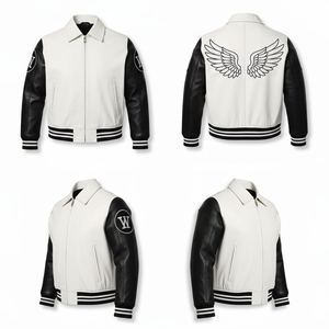 Blouson universitaire en cuir véritable blanc de qualité supérieure pour homme, avec broderie personnalisée sur le devant et le dos, style streetwear, blouson bomber bicolore, veste de motard - Product Image 5