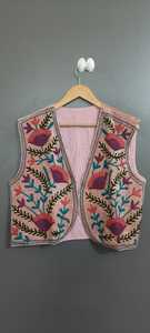 <b>Women's</b> <b>Pink</b> Embroidered Floral V-neck Vest Bohemian Style Handmade Eco-friendly Vintage Winter <b>Waistcoat</b> Outerwear - Product Image 5
