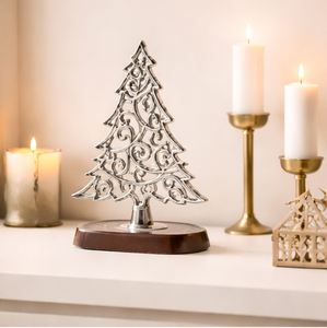 Handcrafted Antique Silver Aluminum Metal Christmas <b>Tree</b> Sculpture with Sturdy Wooden Base For Modern Home Holiday <b>Tabletop</b> - Product Image 1