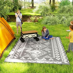 Tappeto da Esterno Impermeabile 9FT X 12FT Grigio e Bianco Reversibile in Paglia Sintetica con Borsa per il Trasporto Design a Rombi - Product Image 2
