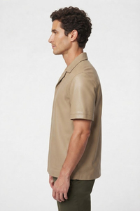 Men's Genuine Cowhide Leather <b>Shirt</b> Short Sleeve Casual <b>Button</b> Up Leather Over <b>shirt</b> Soft Premium Leather Turn Down-Neck <b>Shirts</b> - Product Image 4
