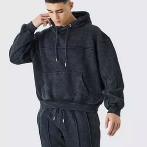 Men's Dark Gray Washed Cotton <b>Hoodie</b> & Pants Tracksuit Full Sleeve Solid Color Casual Loose Fit Drawstring Closure Autumn Wear - Product Image 5