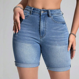 Shorts de Mezclilla con Lavado Ácido, Cintura Media, Dobladillo Desgarrado y Cinco Bolsillos para Mujer, Estilo Casual - Product Image 1