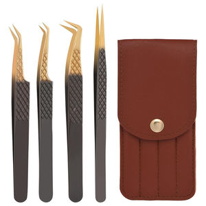 Ensemble de pinces à cils antidérapantes à 4 pièces avec logo personnalisé, kit d'extension de cils en acier inoxydable de qualité supérieure avec étui en PU - Product Image 1