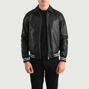 Men's PU <b>Leather</b> Bomber <b>Jacket</b> Turn-down Collar Zipper Closure Regular Fit Autumn Wear Solid Color Moto Style - Product Image 1