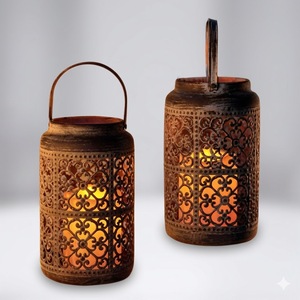 Vintage Moroccan Style Metal <b>Lanterns</b> <b>Set</b> Of 2 Iron Hanging Candle Holder For Indoor Outdoor Garden Home Decor Antique Finish - Product Image 2