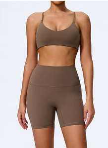 Women Solid Color Seamless Yoga Sports <b>Bra</b> Set Medium Support <b>Spaghetti</b> <b>Strap</b> Scoop Neck High Waist Shorts For Workout - Product Image 3