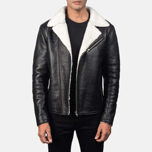 Veste en cuir noir pour homme, style moto, doublure en fausse fourrure, fermeture éclair, col rabattable, style hiver, coupe ajustée - Product Image 1