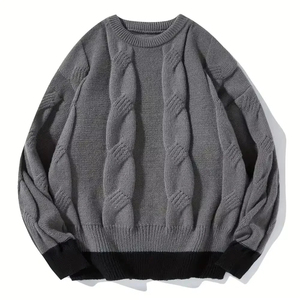 Suéter de Punto Grueso para Hombre 2026, Color Gris Sólido, Puños Negros, Ropa de Invierno, Manga Larga, Corte Regular, Patrón de Punto Trenzado - Product Image 1
