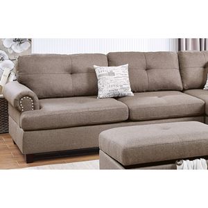 Divano Sezionale Contemporaneo a 3 Posti in Tessuto Mocha Dorris con Chaise Longue Reversibile, Pouf e Cuscini per Soggiorno - Product Image 2