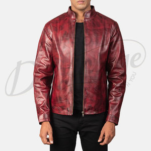 Veste en cuir véritable rouge rétro pour homme, style motard vintage, col montant, coupe ajustée, manteau d'hiver décontracté - Product Image 1