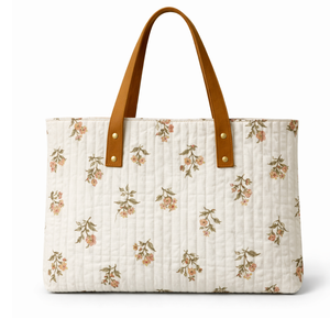 Bolso Tote Bohemio Acolchado Floral con Asas de Cuero Marrón, Estilo Vintage, para Uso Diario en Verano, Tela de Algodón, Impresión a Mano Premium - Product Image 1