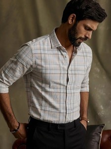 Enovate Men's Light Beige Plaid Cotton Dress Shirt Double Breasted Full Sleeve Turn-<b>down</b> Collar Smart Casual Breathable Woven - Product Image 1