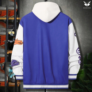 Veste de baseball pour homme en chenille patchwork personnalisée, veste bomber bleu uni avec manches en cuir crème, streetwear - Product Image 2
