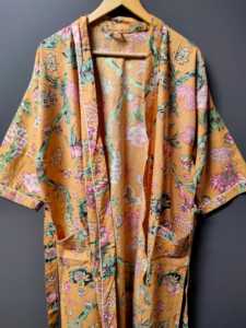 Rust Orange Floral Printed Cotton Kimono Robe – Boho Style Long <b>Open</b> Front Cover <b>Up</b> with Waist Tie - Product Image 4