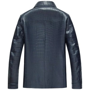 Chaqueta de Cuero Azul Oscuro para Hombre, con Estampado de Cocodrilo, Cuello Camisero, Cierre de Cremallera, Corte Ajustado Informal, para Otoño - Product Image 6