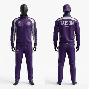 Survêtement de rugby pour homme, qualité supérieure, tricot polyester 280 GSM, violet avec panneaux latéraux blancs, fermeture éclair intégrale, logo personnalisé par transfert thermique - Product Image 1