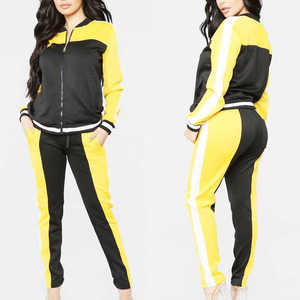 Chándal Deportivo para Mujer en Negro y Amarillo con Bloques de Color, Cierre Completo, Manga Larga, Bolsillos Laterales, Material de Poliéster, Ropa de Otoño - Product Image 1