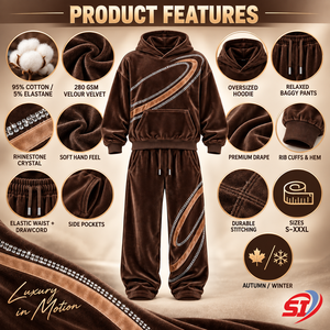 Ensemble de survêtement Premium Coffee Luxe Orbit 280 GSM en velours et velours côtelé avec strass et cristaux, comprenant un sweat à capuche et un pantalon ample, sweat à capuche Premium orné de strass - Product Image 6