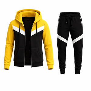 Conjunto de chándal con capucha y rayas en V en amarillo y negro para hombre, con chaqueta con cremallera y pantalones deportivos ajustados, ropa deportiva estilo streetwear - Product Image 4