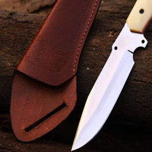 Couteau de chasse à lame fixe argenté avec manche crème et étui en cuir marron, lame pointue et affûtée, pour le camping et la survie en extérieur - Product Image 3
