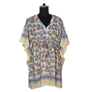 Hand Block Printed Cotton Kaftan XL Handmade Indian Jalabiya Dubai Fashion KFCS108 Abaya Kaftan with Short Sleeves Maxi Design - Product Image 1