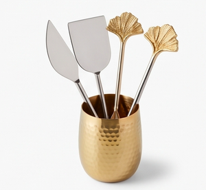 Juego de cuchillos y espátula para queso chapados en oro, de acero inoxidable con mangos con diseño de abanico, perfecto para cenas elegantes en el hogar y restaurantes. - Product Image 3