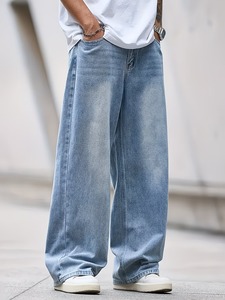 Men’s Retro <b>Light</b> Wash Baggy Jeans | Relaxed Fit Wide-Leg Denim <b>Trousers</b> | Casual Straight Leg Streetwear Hip-Hop Pants - Product Image 2