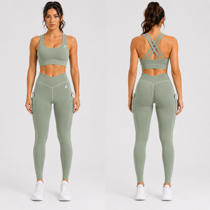 Sage Green Women Yoga Set V-Cut Scrunch Butt Leggings Cross Back Sports Bra Gym Activewear Set with Pockets - Product Image 1