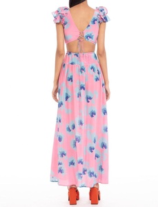 Robe longue d'été rose en mousseline de coton à motif floral, col en V profond, sans manches, taille naturelle, coupe droite, avec poches - Product Image 4
