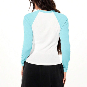 Women's Color Blocked Raglan Sleeve <b>Crop</b> <b>Top</b> Crew Neck Knitted Long Sleeve Slim Fit Casual Wear All Seasons - Product Image 6