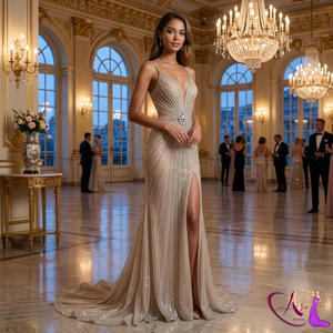 Vestido de noche de lujo con cuentas estilo champán |   Vestido de Fiesta de Diseño con Escote Profundo en V |   Vestido Elegante de Corte Entallado para Novia y Eventos Formales con Brillos - Product Image 4