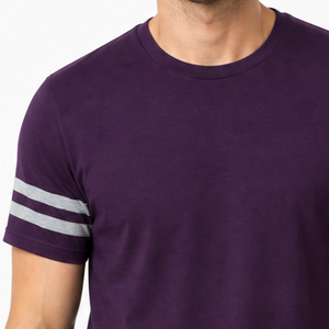 T-shirt tendance pour homme à col rond, manches rayées style universitaire, manches courtes, personnalisable, uni, violet, gris, chemise de sport - Product Image 3
