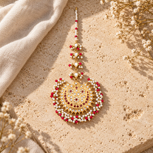 Gold Plated Red Beaded Kundan Style Maang Tikka with Faux Pearls <b>Pakistani</b> Bridal Hair <b>Jewelry</b> Wholesale Manufacturer - Product Image 4
