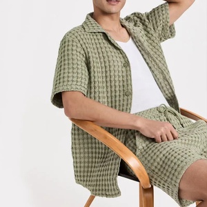 Ensemble décontracté 2 pièces pour homme été 2026 : Chemise à manches courtes boutonnée en maille gaufrée texturée et short assorti à cordon de serrage - Product Image 5