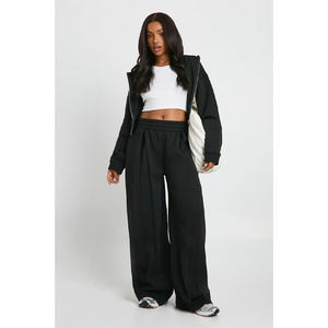 Conjunto Casual de Dos Piezas para Mujer, Chaqueta con Capucha y Pantalones Anchos, Ropa Deportiva Tejida Negra, Corte Holgado, para Todas las Temporadas - Product Image 4