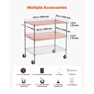 Carrello di Servizio Commerciale a 3 Ripiani in Acciaio Resistente, Scaffale Portaoggetti Regolabile con Ruote - Product Image 5