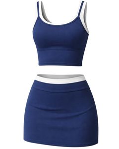 Ensemble jupe deux pièces bleu marine personnalisé pour femme : débardeur court et mini-jupe taille haute extensible – Tenue décontractée d'été pour le sport - Product Image 1