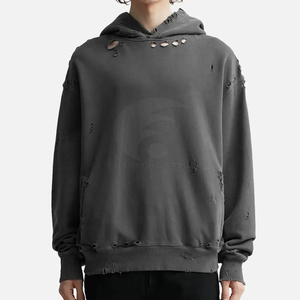 Sudadera con Capucha para Hombre, Corte Regular, 100% Algodón, Felpa Francesa, Impermeable, 300g, Lavado Desgastado, Color Negro Sólido, Informal, Invierno - Product Image 3
