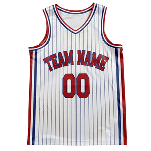 Conjunto de Uniforme de Baloncesto Retro Personalizado con Rayas Blancas, Jersey y Pantalones Cortos con Ribete Rojo y Azul, Diseño Retro con Nombre y Número del Equipo - Product Image 3